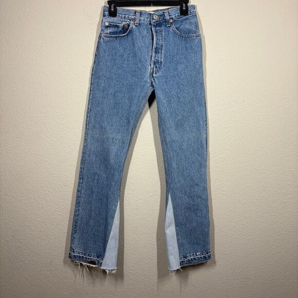 EB Denim Farrah Flare Button Fly Retro Jeans Light Blue Wash Split Hem - Picture 2 of 12